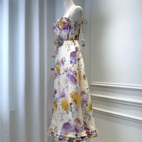 Zimmermann Luna Ruffle Midi Dress Cream Dahlia Floral Bustier A-Line Dress - Picture 4 of 9